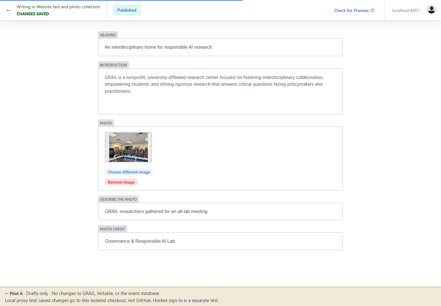 Recorded Decap desktop editor with fields for the About heading, introduction, photograph, description, and credit